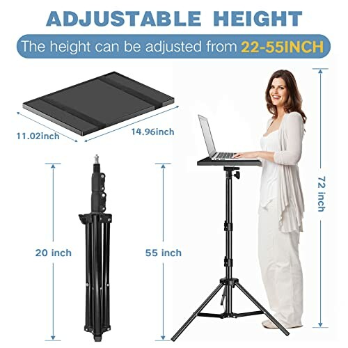 Adjustable height laptop stand with dimensions and person using it.