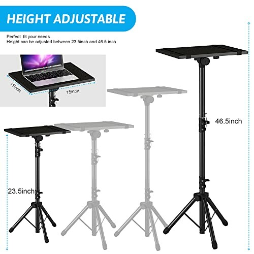 Height adjustable laptop stand with dimensions and height range.