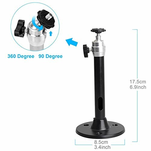 Adjustable wall mount bracket with 360 and 90 degree rotation.