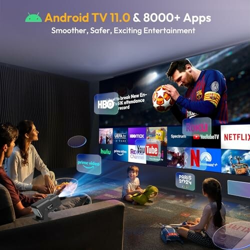 Family watching Android TV with multiple streaming apps and sports content.