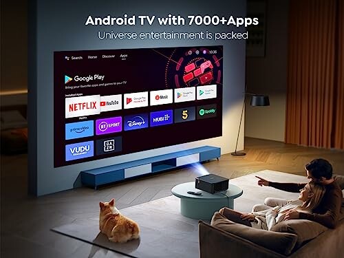 Family watching Android TV with app options displayed.
