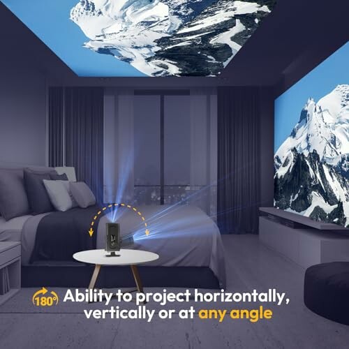 Projector in bedroom projecting mountain images on walls and ceiling.