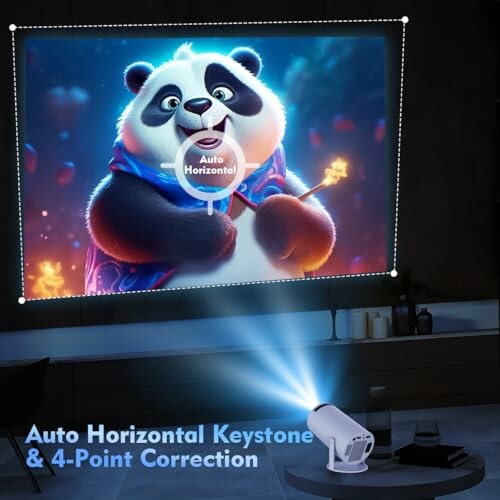 Animated panda projected on screen with auto keystone correction.