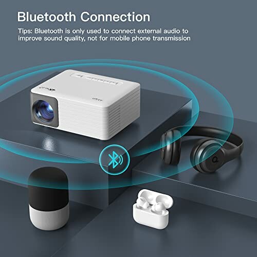 Projector with Bluetooth connection, headphones, and earbuds displayed.