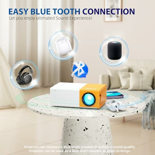 Projector with Bluetooth speaker and headphones connection options.