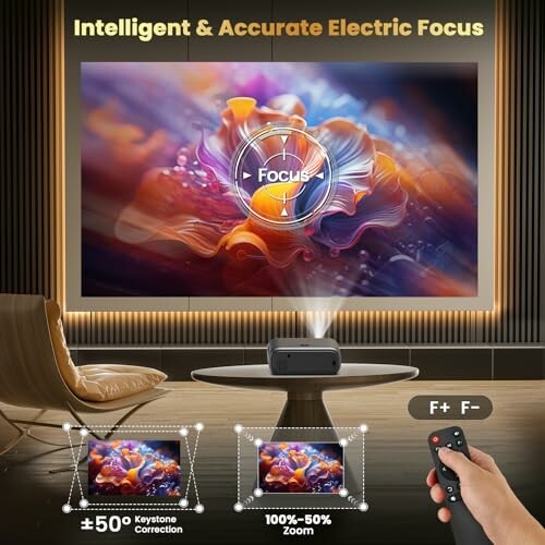 Electric focus projector displaying colorful abstract image with remote control for keystone correction and zoom.