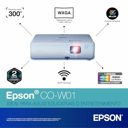 Epson CO-W01 projector with features including WXGA resolution and 3000 lumens.