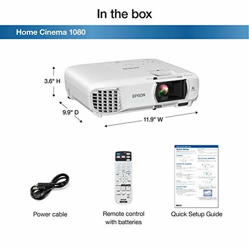 Epson Home Cinema 1080 projector with remote, power cable, and setup guide.