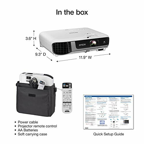 Epson projector with accessories including power cable, remote, batteries, carrying case, and setup guide.