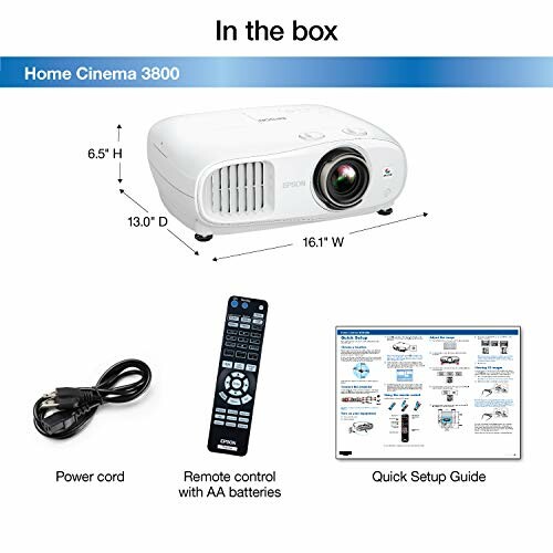 Home Cinema 3800 projector with power cord, remote, and setup guide.