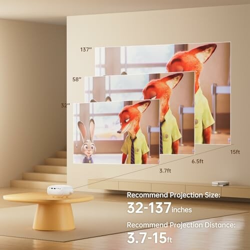 Projector displaying animated characters with size recommendations on wall.