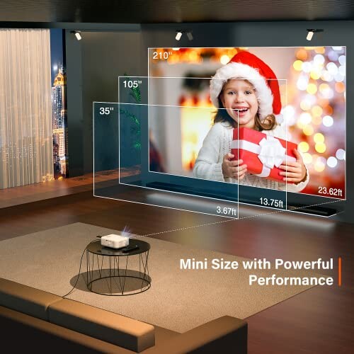 Home theater projector setup with a large screen displaying a child in a Santa hat holding a gift.
