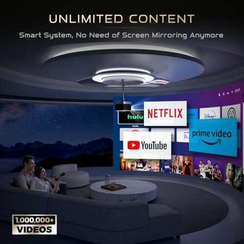 Futuristic home theater with streaming services logos like Netflix, YouTube, and Prime Video.
