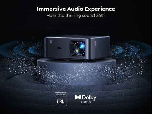 Projector with immersive 360-degree audio experience featuring JBL and Dolby Audio logos.