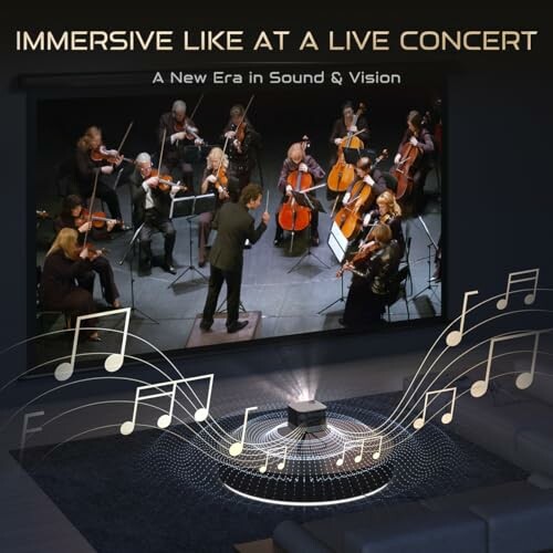 Home theater setup with orchestra on screen and musical notes.