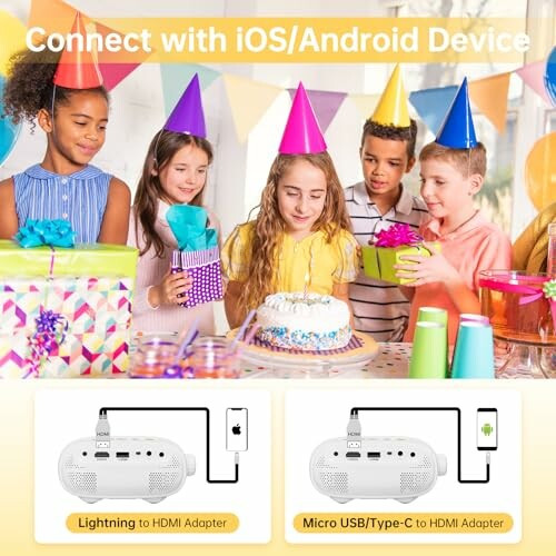 Children at a birthday party with a projector connected to iOS/Android devices.