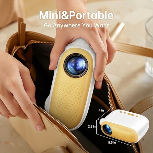Mini portable projector being placed in a bag.