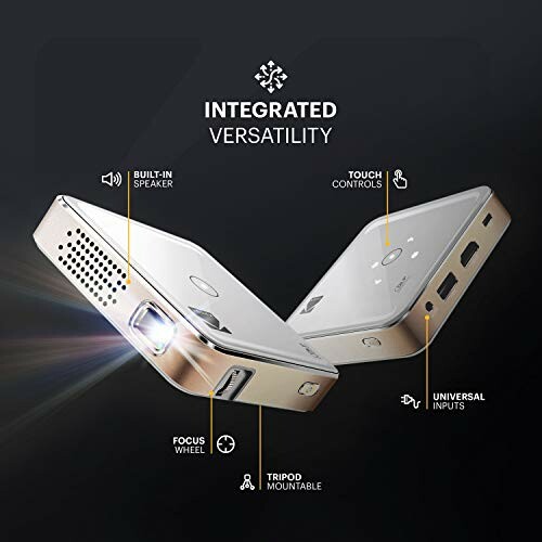 Mini projector with built-in speaker, touch controls, focus wheel, tripod mountable, and universal inputs.