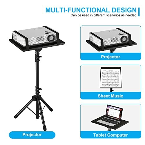 Multi-functional stand for projector, sheet music, and tablet computer.