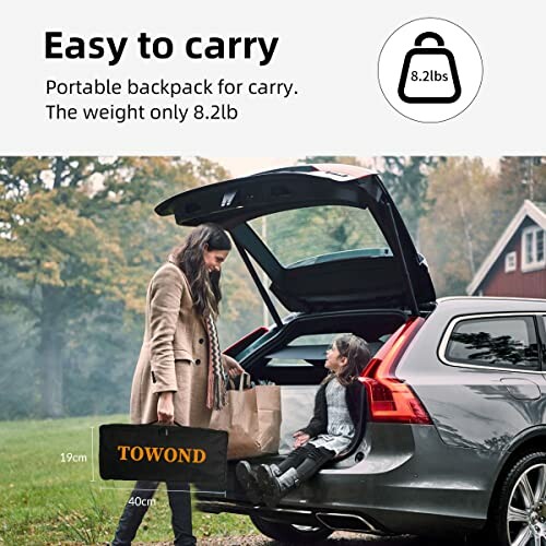 A woman and child with a portable backpack near a car trunk.