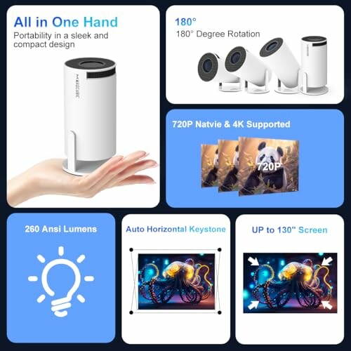 Portable projector with 180-degree rotation, 720P support, 260 ANSI lumens, auto keystone, up to 130-inch screen.