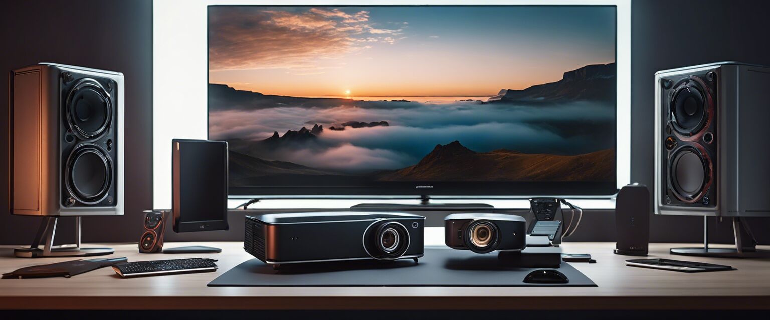 Organized projector setup with accessories