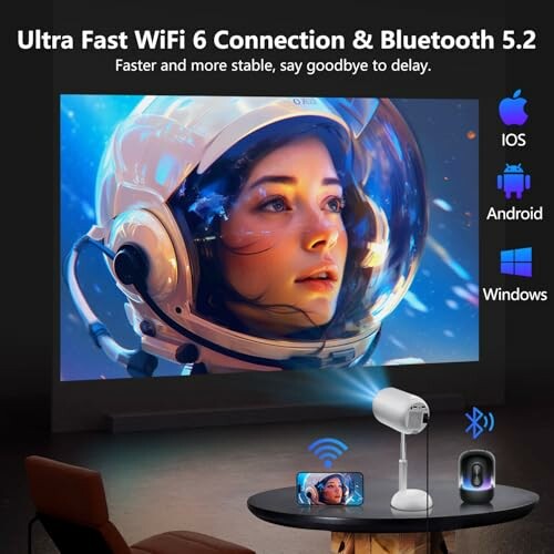Advertisement showcasing a projector with a futuristic astronaut image and connectivity icons.