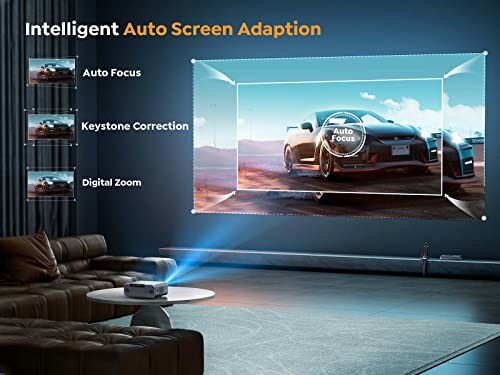 Projector displaying auto screen adaptation features on a wall.