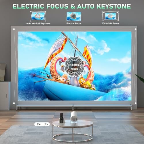 Projector displaying a vibrant image of a ship with electric focus and auto keystone features.