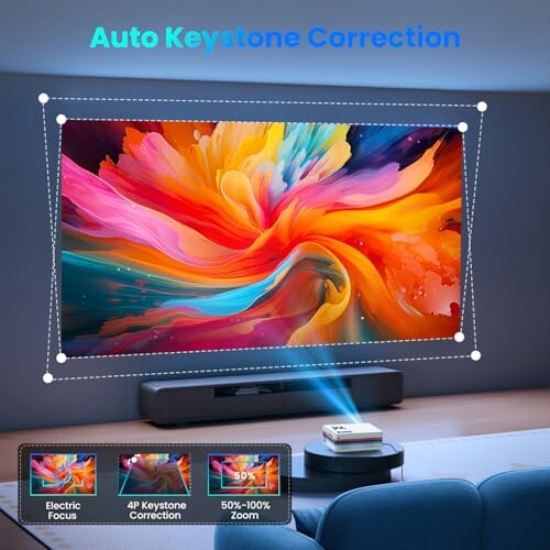 Projector displaying colorful image with auto keystone correction feature.