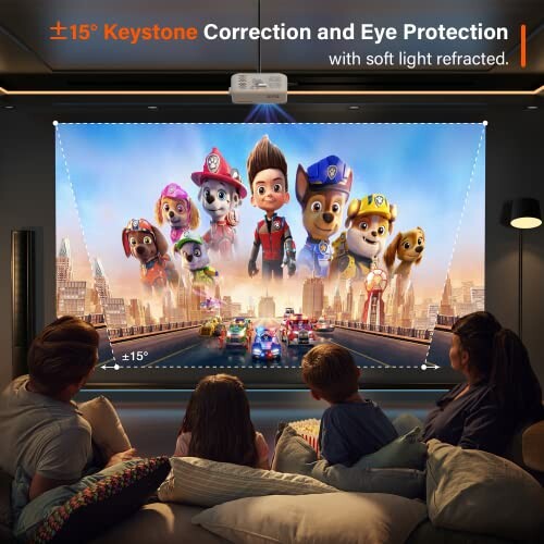 Family watching animated movie with projector displaying keystone correction feature.
