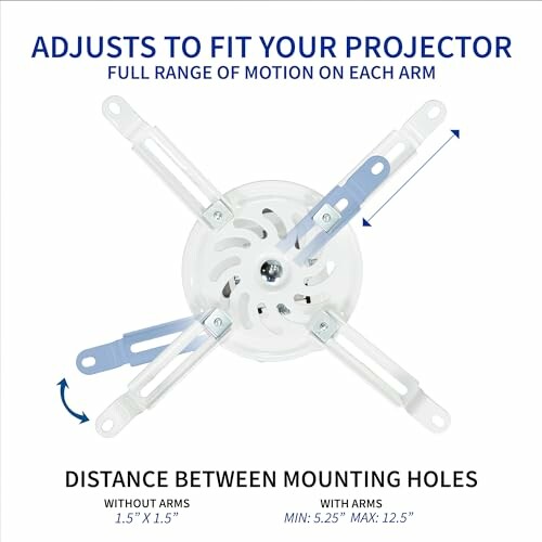 Adjustable projector mount with full range of motion and distance details.