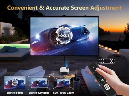 Projector with remote control for convenient screen adjustment on outdoor patio.