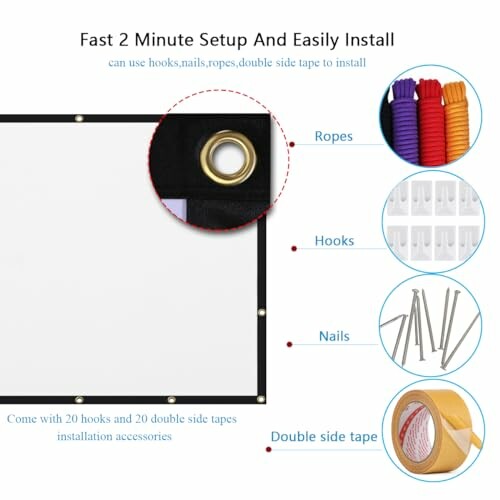Setup guide for projector screen with ropes, hooks, nails, and tape.