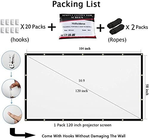 Packing list of a 120-inch projector screen with hooks and ropes.