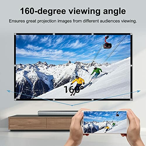 Projector screen displaying a skiing scene with a 160-degree viewing angle.