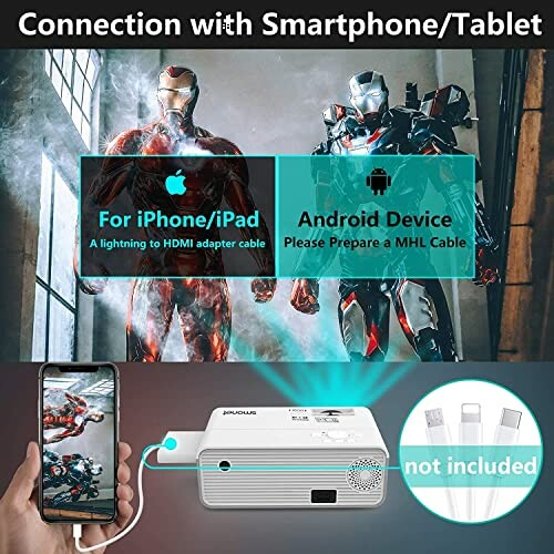 A projector connected to a smartphone and tablet with an HDMI adapter, showcasing its versatility and connectivity options.