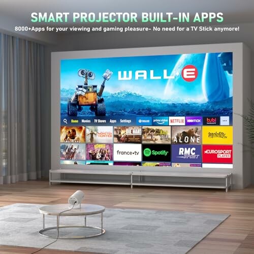 Smart projector displaying various streaming apps on a large screen.