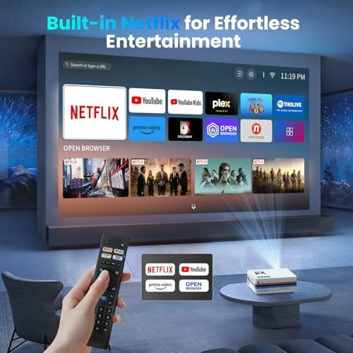 Smart TV interface with popular streaming apps and remote control.