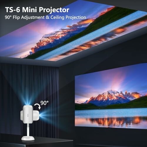 TS-6 Mini Projector with 90-degree ceiling projection displaying a landscape image.