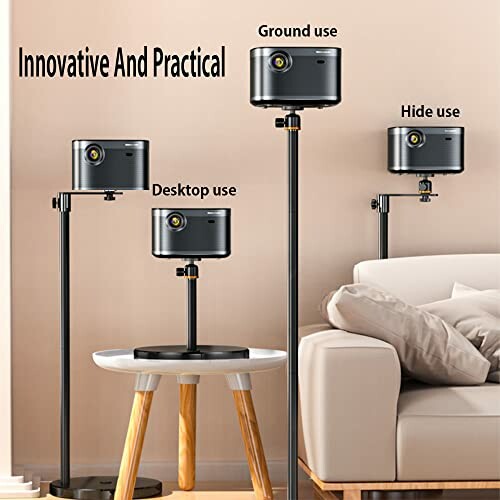 Versatile projector stand setup for ground, desktop, and sofa use.