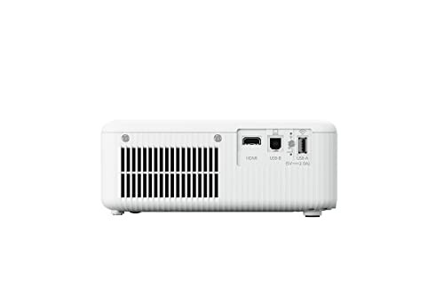 Back view of a white projector with ports and ventilation.