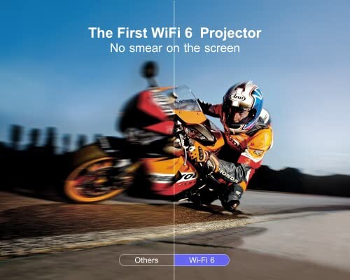 Comparison of WiFi 6 projector with sharp and blurred motorcycle image.