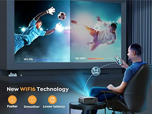 Man using phone with projector displaying WiFi6 technology benefits for gaming and streaming.