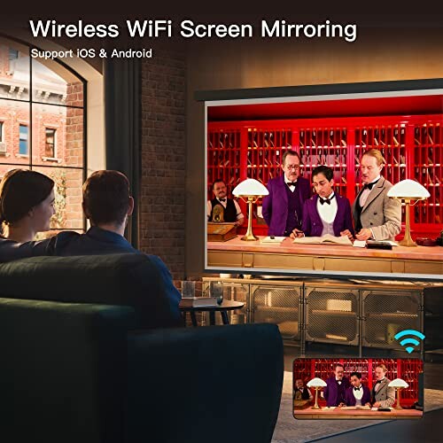 Couple using wireless WiFi screen mirroring with smartphone and large TV.