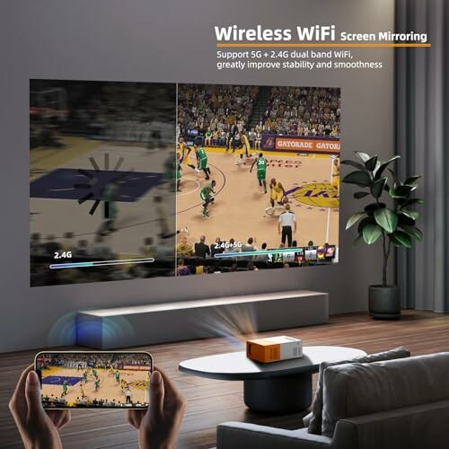 Wireless WiFi screen mirroring showing a basketball game on a TV from a smartphone.